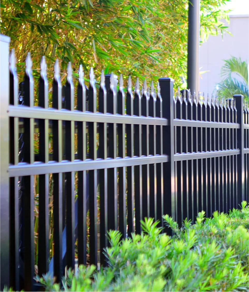 fence-4 Black metal fence with pointed tips beside green shrubs and bamboo under bright sunlight.