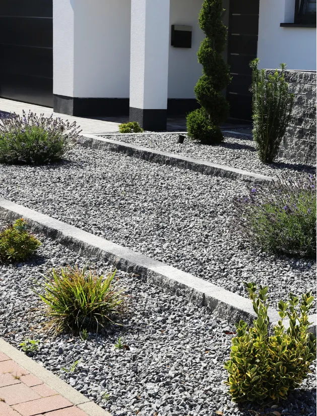 rocks-2 A modern front yard with gravel, raised stone beds, and neatly trimmed bushes and shrubs.